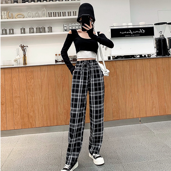 Quần dài SUXI lưng cao ống rộng kẻ sọc caro phong cách Hàn Quốc