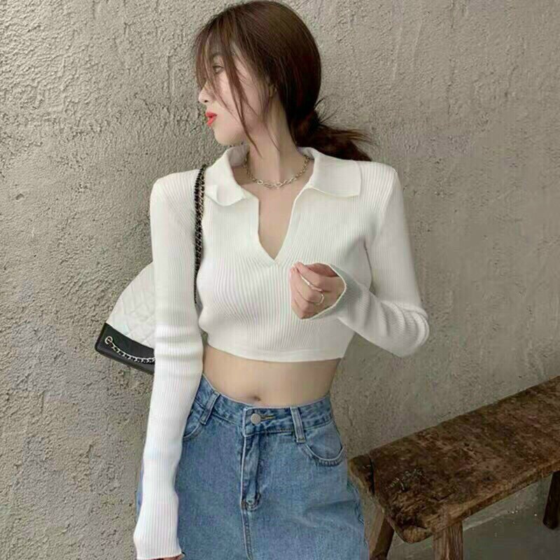 Áo croptop cổ chữ V tay dài thiết kế basic màu ĐEN|TRẮNG phong cách hàn quốc Hot Trend