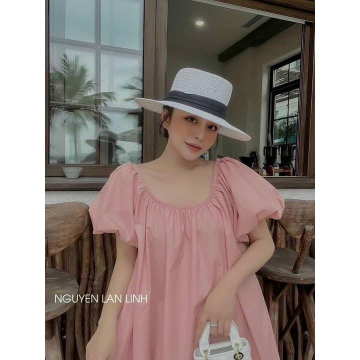 [8.8 Sales Freeship] Váy đầm bầu cổ tròn dáng suông, đầm babydoll tay phồng xoè cột nơ sau đi biển dễ thương
