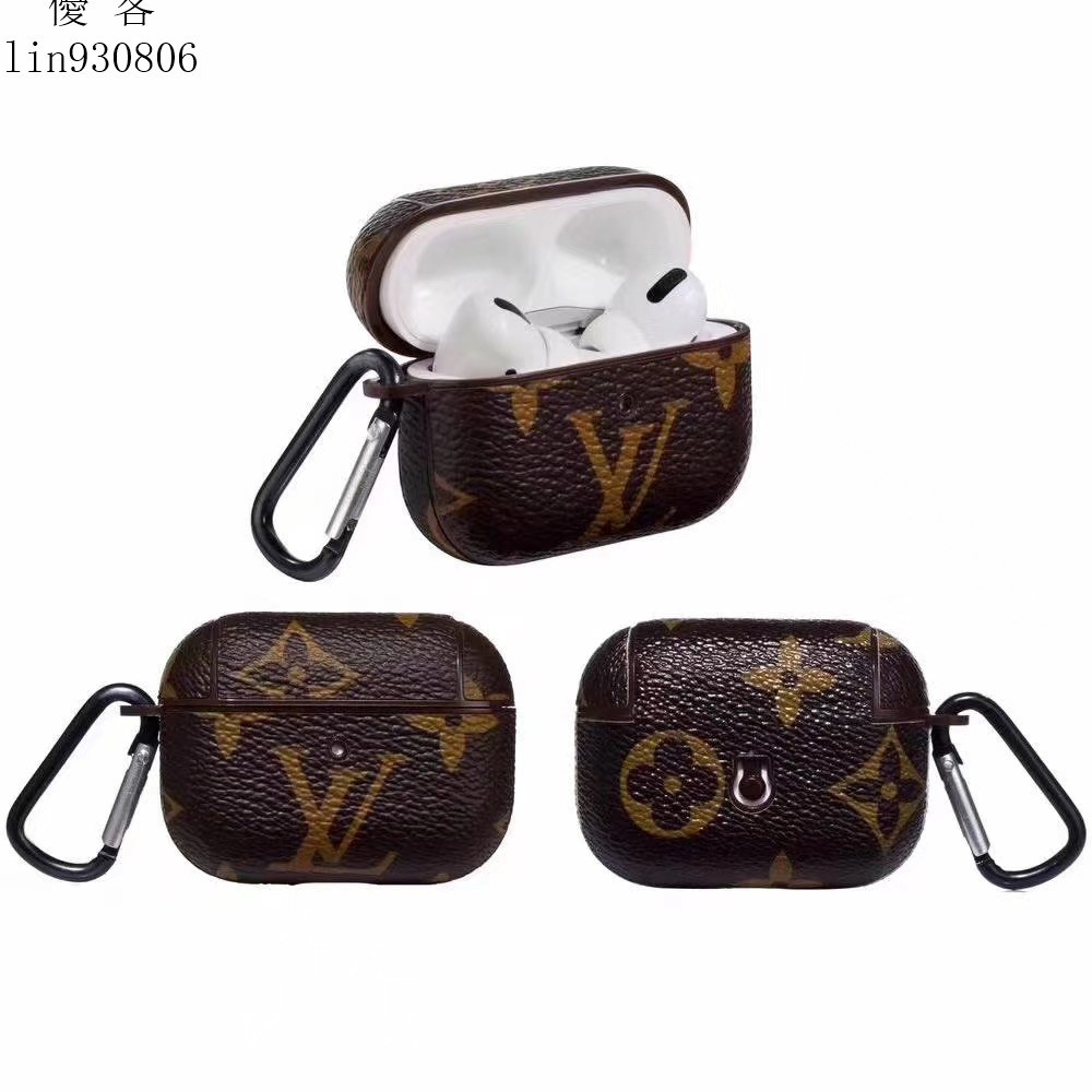 Case Vỏ bọc ốp airpod 1/2/3/pro thương hiệu l.v GU.CCI caro da sần kèm móc cài bảo vệ tai nghe chống sốc,va đập