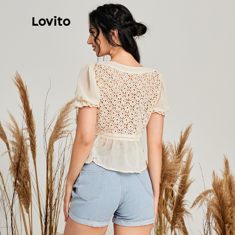 Áo Lovito phối ren màu tương phản khoét rỗng in hoa dễ thương L14X059 (màu trắng)