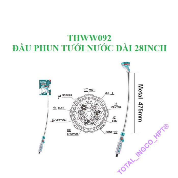 Cần xịt nối dài - đầu phun tưới nước dài 28inch Total 9 chế độ ( kiểu phun) Góc phun điều chỉnh được