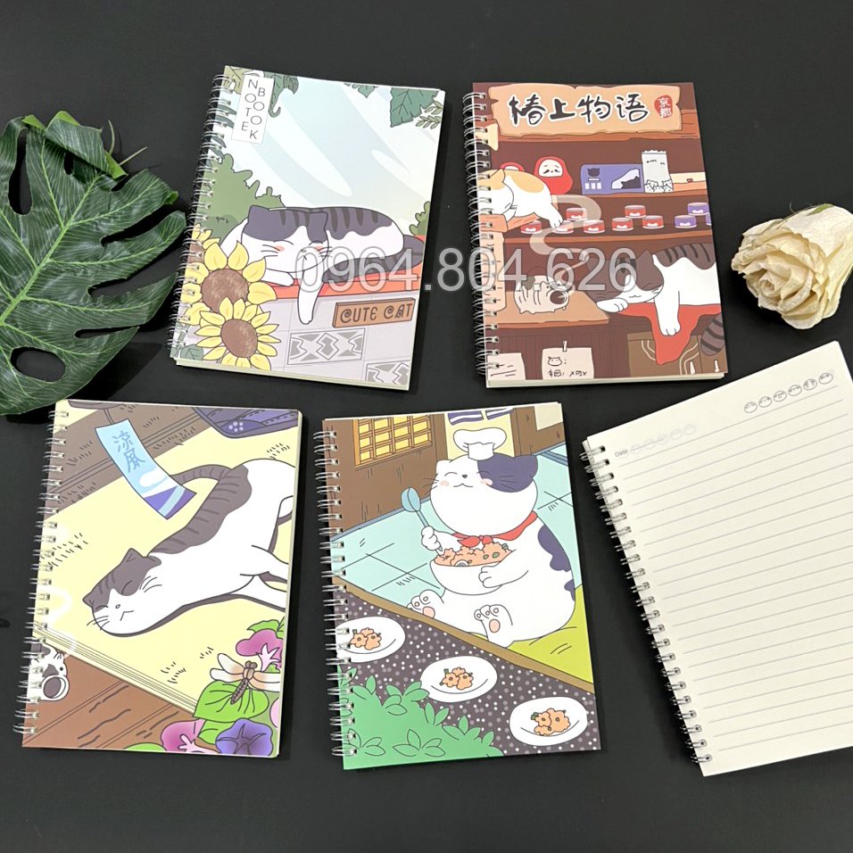 Sổ tay A5 mèo may mắn Nhật Bản lò xo cute giấy kẻ ngang
