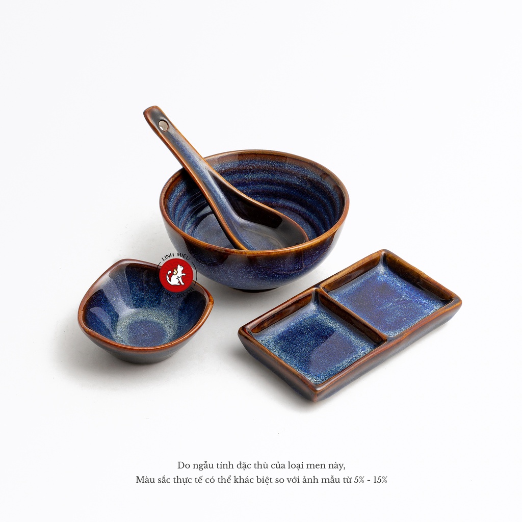 Muỗng thìa sứ ăn cơm, canh, súp men hỏa biến Bát Tràng - màu lam biếc và gấm cao cấp phong cách Bắc Âu