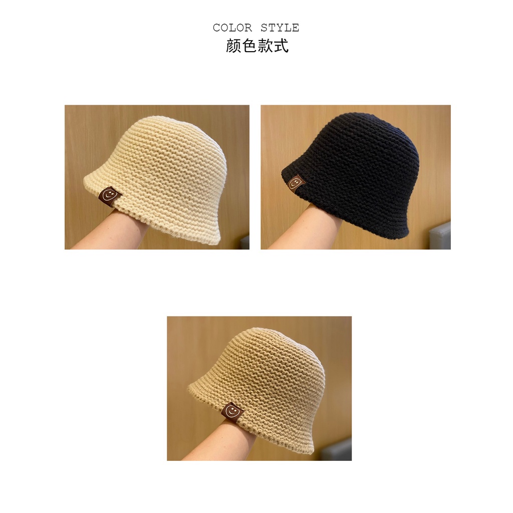 Mũ Bucket Dệt Kim Hình Mặt Cười Thời Trang Thu Đông Hàn Quốc Cho Nữ