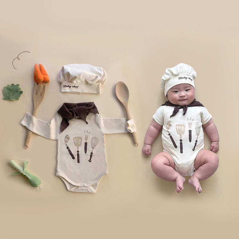 Bộ Áo Liền Quần Tay Ngắn + Khăn Choàng + Nón Vải Cotton Tay Ngắn Màu Nâu Dành Cho Trẻ Em Sơ Sinh
