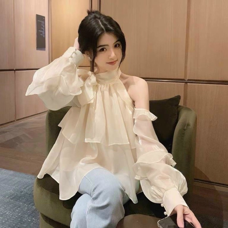 Áo Tơ Cổ Yếm Thắt Nơ Tiểu Thư Xinh, Áo Tơ Bánh Bèo Trễ Vai