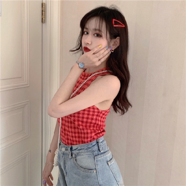 Áo kiểu ZHELIHANGFEI cổ yếm không tay ôm dáng vừa vặn phong cách Pháp thời trang mùa hè dành cho nữ