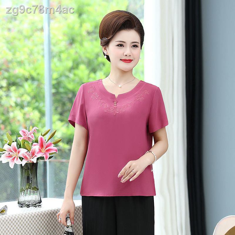 áo sơ mi nữ vải lanh và cotton mới mùa hè phông ngắn tay mỏng hình chữ V thêu cổ tròn phù hợp với mẹ trung niê