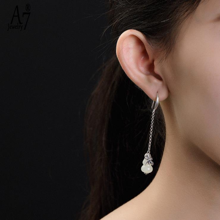 Bông Tai Bạc 925 Hình Quả Bầu Đính Đá Ngọc Bích Thời Trang Cho Nữ