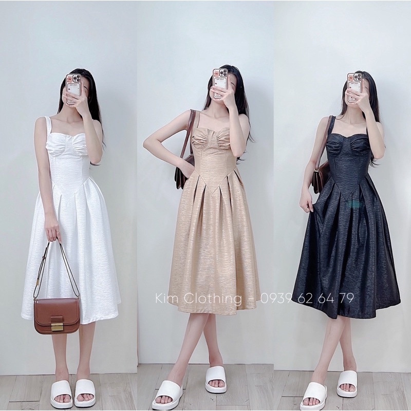 Đầm hai dây rã ngực tùng xoè 2 lớp dày dặn - hình chụp thật