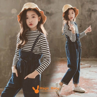 Set áo thun dài tay cổ tròn + quần yếm denim dễ thương cho bé gái