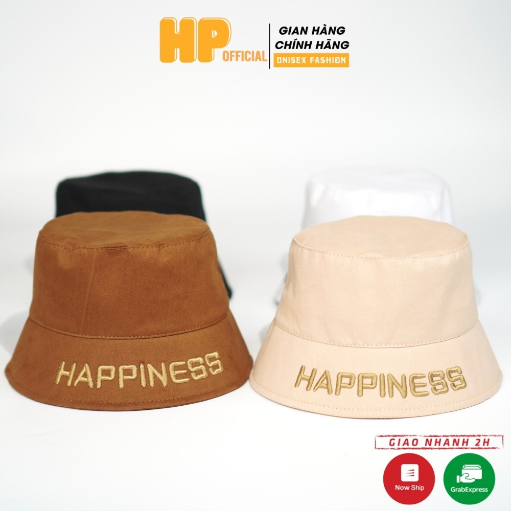 Mũ bucket ❤️Nón tai bèo vành cụp thêu chữ Happiness chất kaki Ulzzang form unisex nam nữ N12