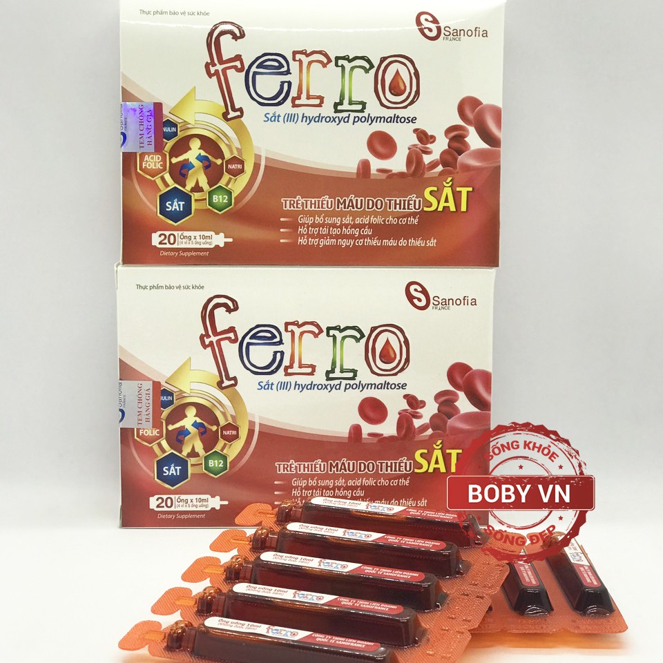 Sắt nước Ferro bổ sung sắt, acid folic cho cơ thể, hỗ trợ giảm nguy cơ thiếu máu do thiếu sắt (Hộp 20 ống)