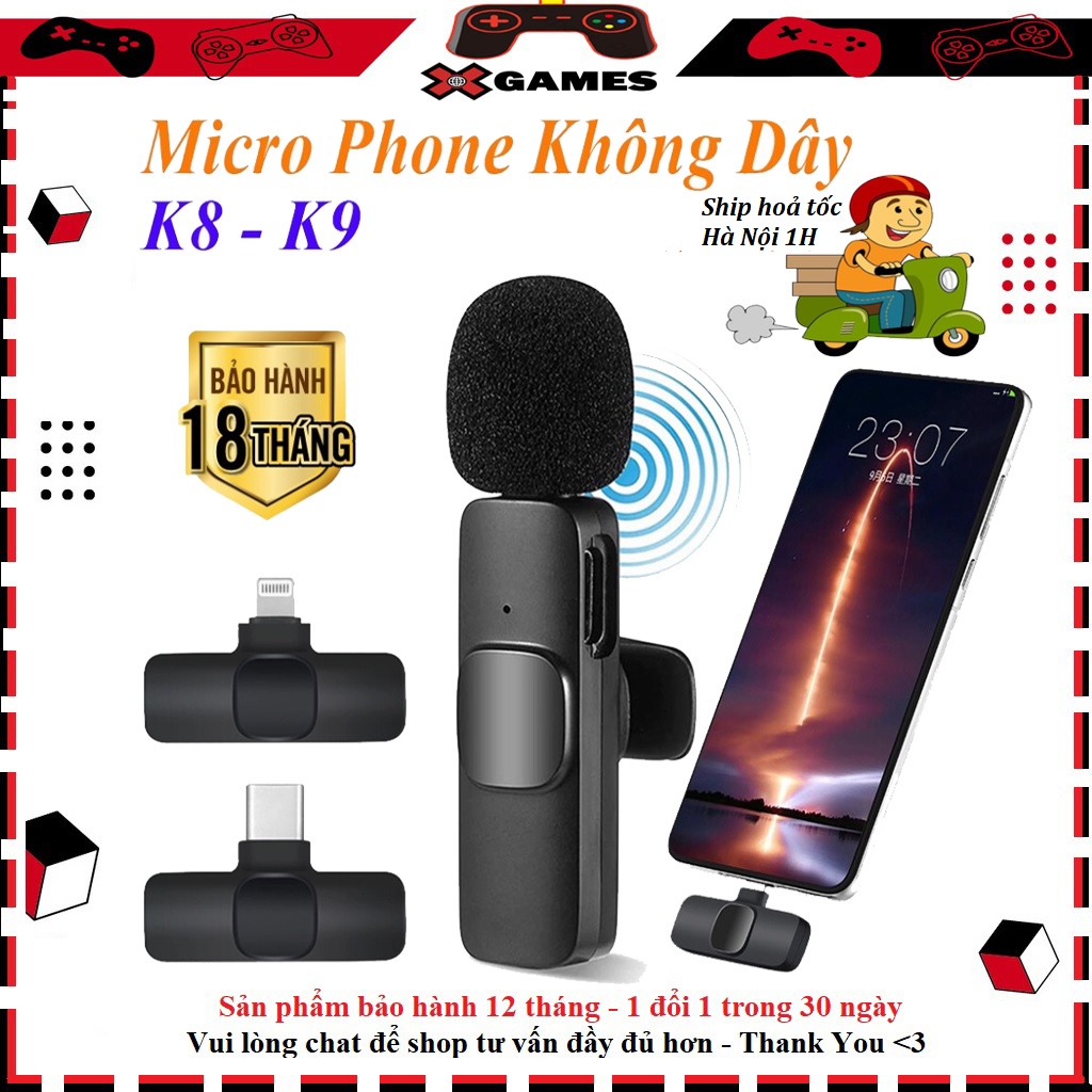 Micro cài áo không dây K8 - K9 khử tiếng ồn siêu cấp, xa 20m, Micro thu âm không dây mẫu mới 2023 - hàng chính hãng