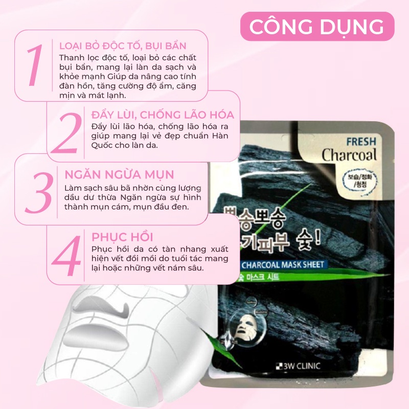 Mặt nạ giấy dưỡng da 3W Clinic Hàn Quốc chiết xuất than hoạt tính giúp giảm mụn thải độc trắng da và mềm mịn 23ml