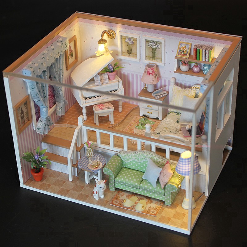 Mô hình nhà gỗ búp bê Tự, Bộ đồ chơi búp bê thu nhỏ với nội thất, làm Nhà thủ công Sưu tầm cho sở thích M26