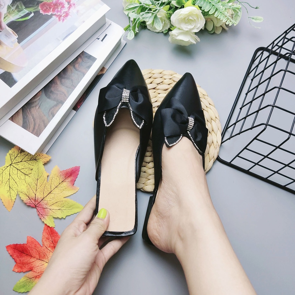 Giày búp bê nữ mũi nhọn phối nơ chất da mềm cao cấp