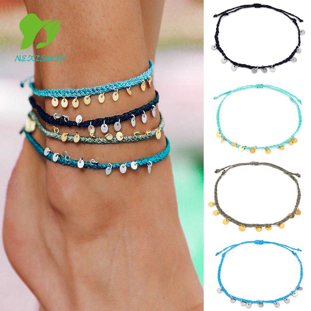 NEXTSHOP Handmade Anklet Foot Jewelry Ankle Bracelet Round Pendant Beach Women Girls Summer Weave Rope Pendant Chains/Multicolor