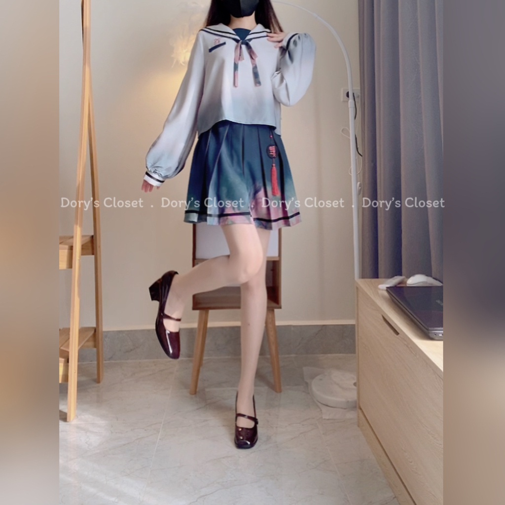 Set áo váy seifuku thiết kế tay bồng cổ thủy thủ đính tua rua cao cấp Dory's Closet