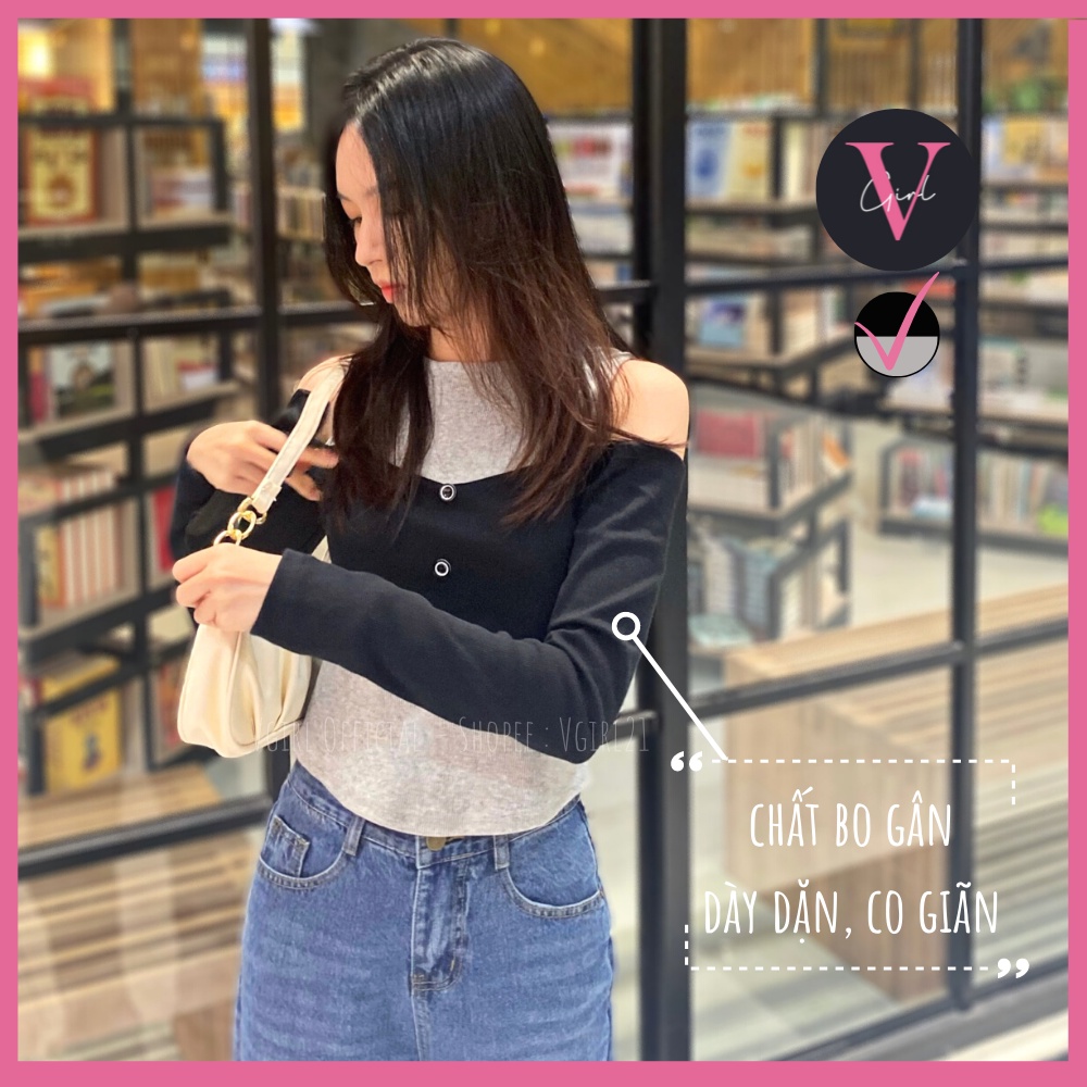Áo kiểu hở vai tay dài VGIRL phối nút [ẢNH ĐỘC QUYỀN]