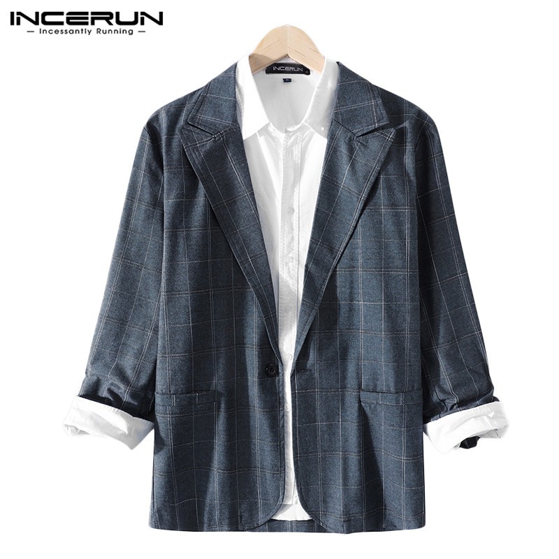 [Mã FAGREEN55 giảm tới 30K đơn 99K] INCERUN Áo Khoác Blazer Tay Dài Phong Cách Caro Lịch Lãm Thời Trang Công Sở Cho Nam