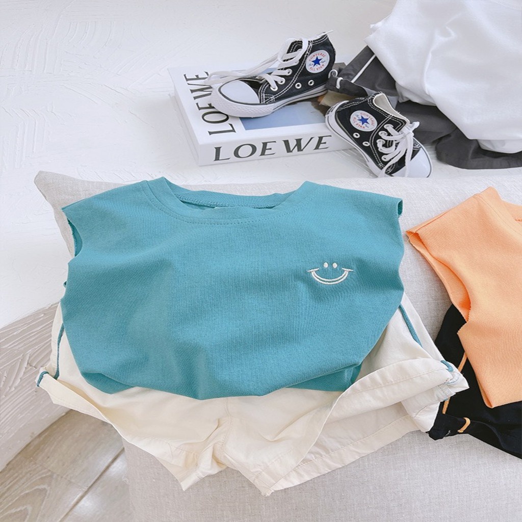 Đồ bộ bé trai quần áo ba lỗ cho bé,bộ sát nách Thêu Miệng Cười phối quần chạy viền cho bé từ 8-28kg Binbon kids