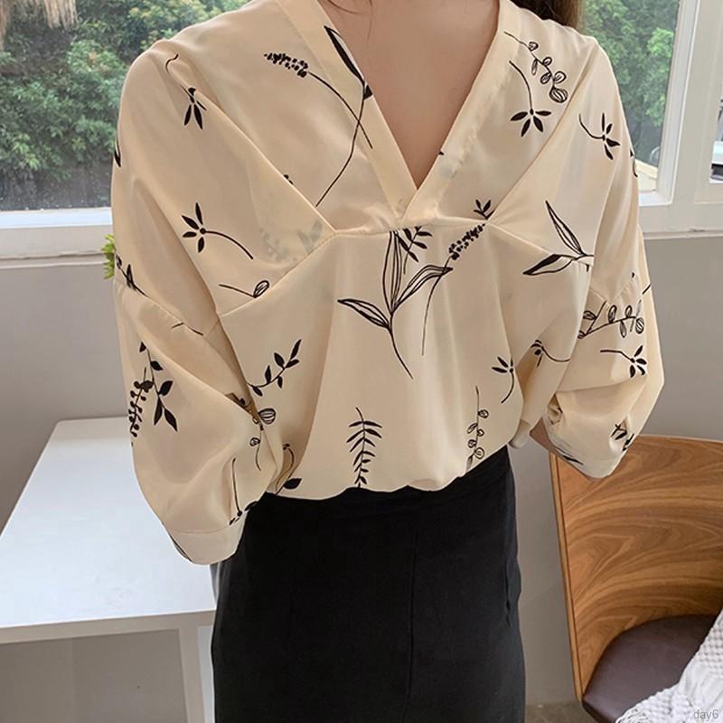 Áo chiffon nữ tay lửng in hình lá phong cách Hàn Quốc