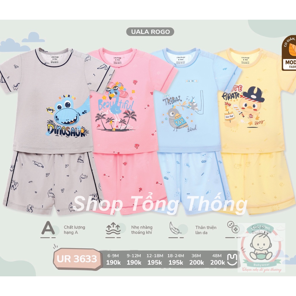 Bộ Uala Rogo chất vải modal cộc tay cao cấp mềm mịn thoáng mát thấm hút tốt in thú thiên nhiên cho bé trai bé gái 3633