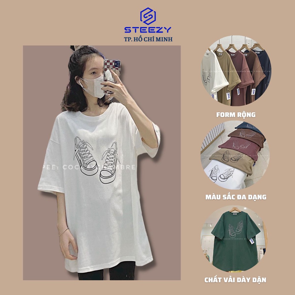 Áo thun cotton dáng rộng mặt lông dày in hình đôi giày 👟👟-P0197