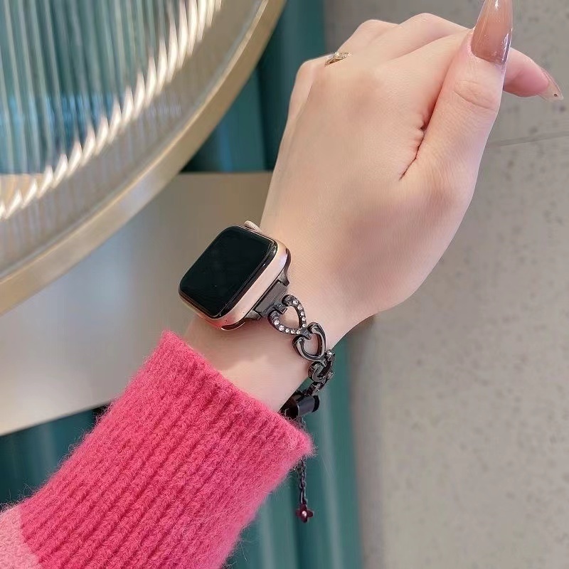 Dây Đeo Đồng Hồ Bằng Inox Đính Kim Cương Giả Sang Trọng Cho Apple Watch 7 41 45mm 6 5 4 3 iWatch 7 44 40 42 38MM