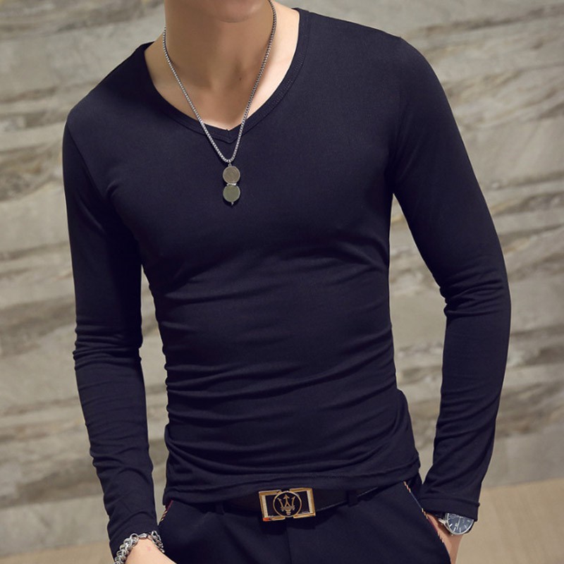 Áo thun nam dài tay cổ chữ V dáng ôm cho mùa thu | BigBuy360 - bigbuy360.vn