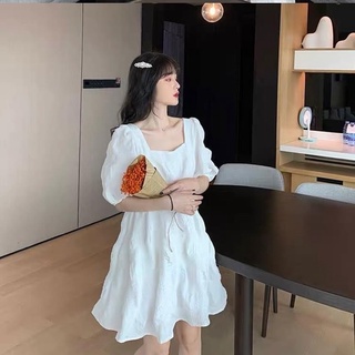 Váy trắng tiểu thư tay bồng cổ vuông xoè nhẹ có ảnh chụp thật
