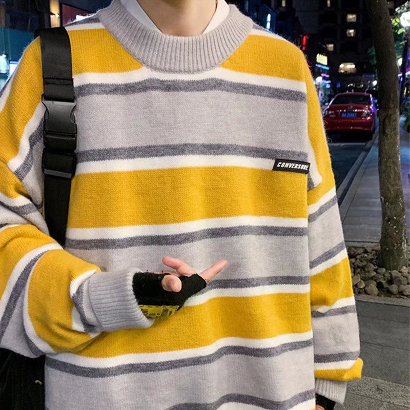 Áo sweater dệt kim kẻ sọc phong cách retro cho nam size M-2XL