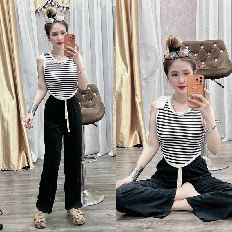 Set quần suông gân áo vạt bầu phối viền xinh xắn