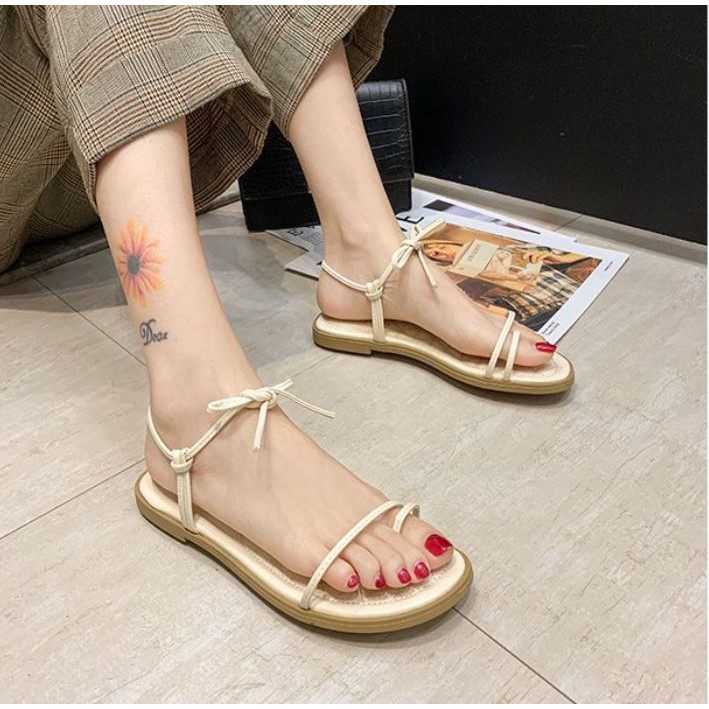 Giày Sandal xỏ ngón nữ quai ngang mảnh da mềm đế bệt lót trần chỉ đi êm chân 2 màu Kem + Đen xinh xắn  - Mã S54