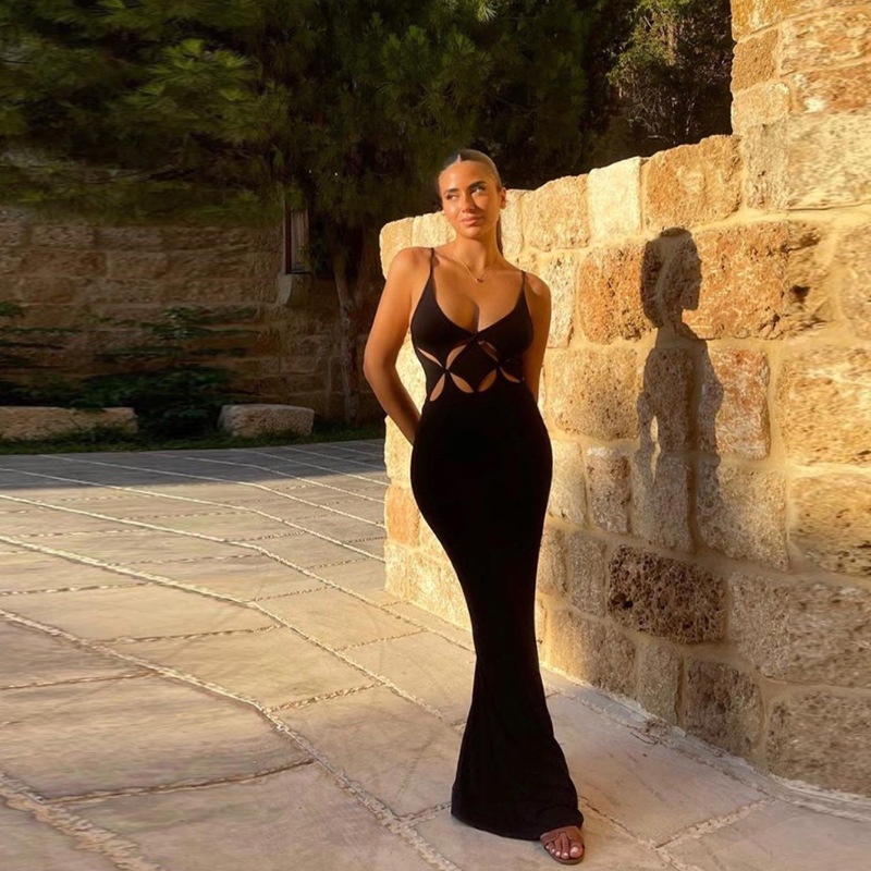 Đầm Hai Dây Ôm Dáng Hở Lưng Cổ Chữ V Màu Trơn Thời Trang Gợi Cảm Cho Nữ