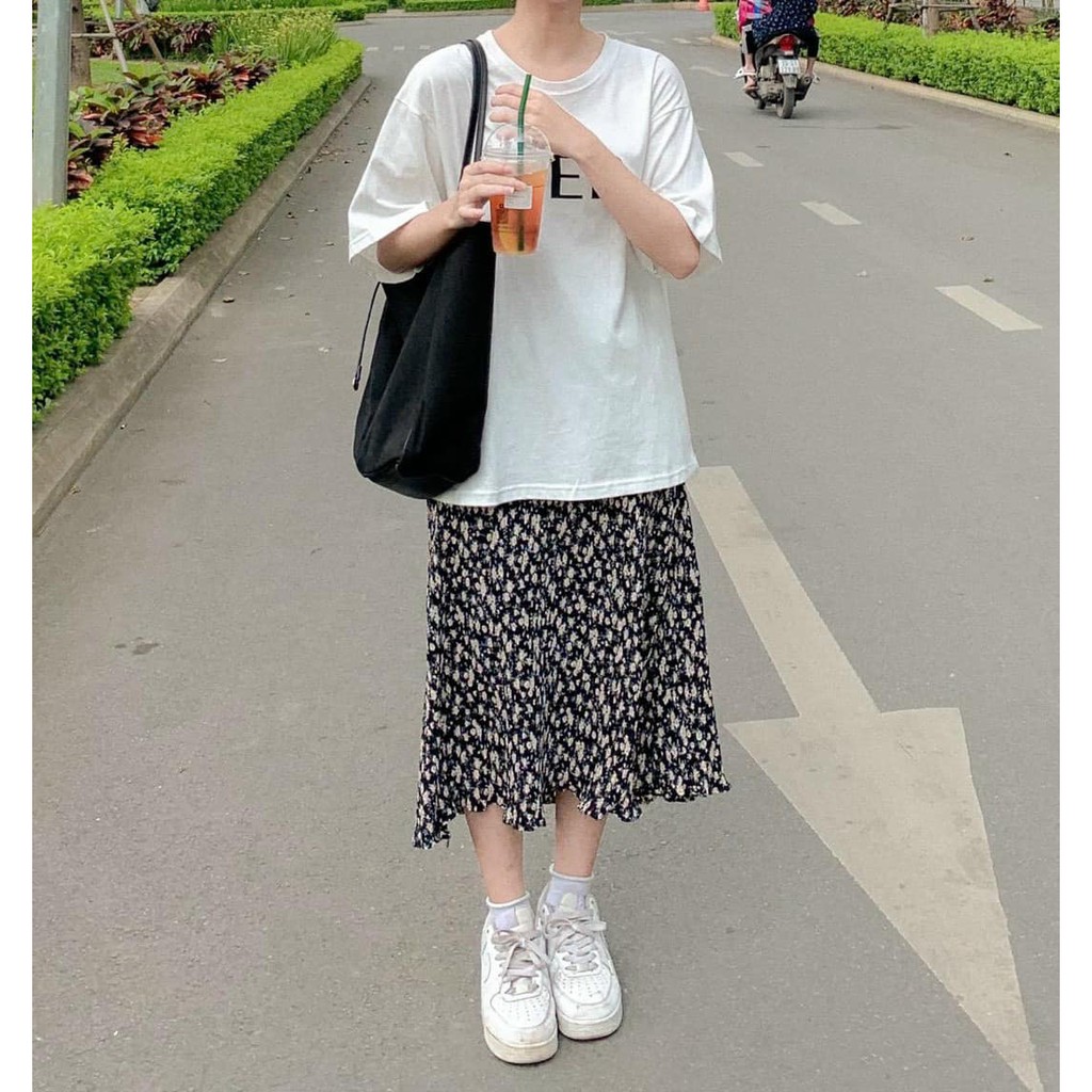 Set Váy Hoa Nhí Áo Phông Chân Váy Chữ A[FREESHIP] Áo thun tay lỡ form rộng đầm hoa dài nữ màu đen | BigBuy360 - bigbuy360.vn