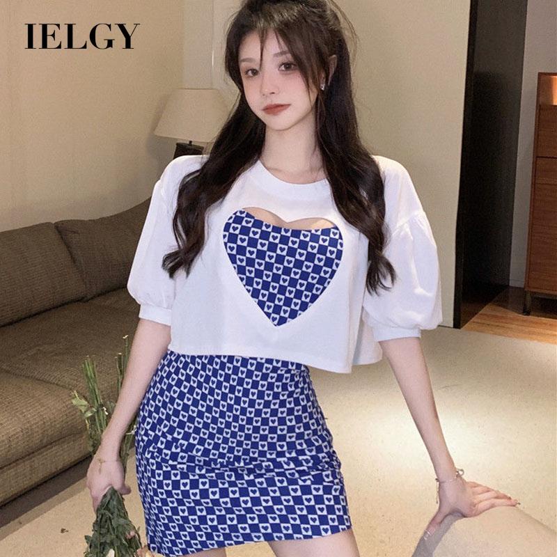 Bộ đồ IELGY gồm áo thun ngắn tay khoét lỗ hình trái tim và đầm hai dây ôm hông thời trang tùy chọn màu sắc cho nữ