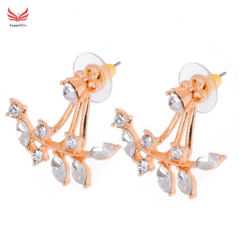 ☪HL♬ Double Sided Swing Stud Earrings Gold Plated Leaf Crystal Ear Jacket Gift Fashion 