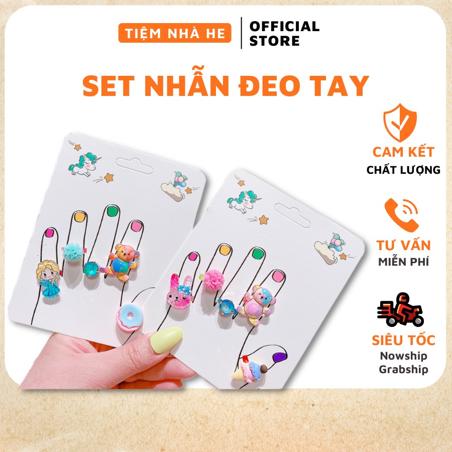 Set nhẫn nhựa đồ chơi cho bé gái họa tiết dễ thương freesize phù hợp mọi kích cỡ tay