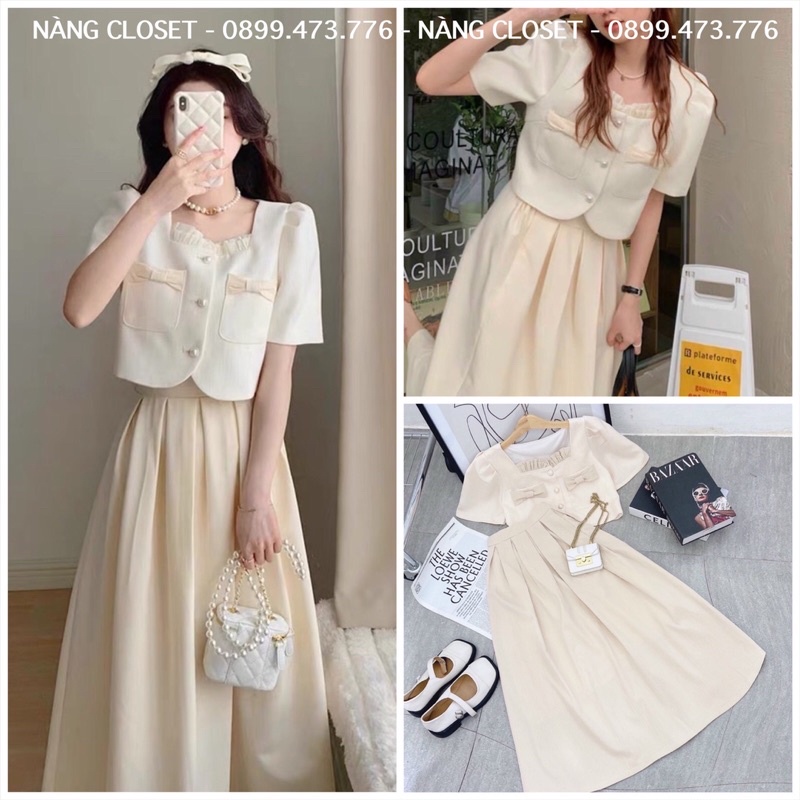 SET Áo croptop nơ nút ngọc kèm Chân Váy midi xếp ly màu nude NÀNG CLOSET
