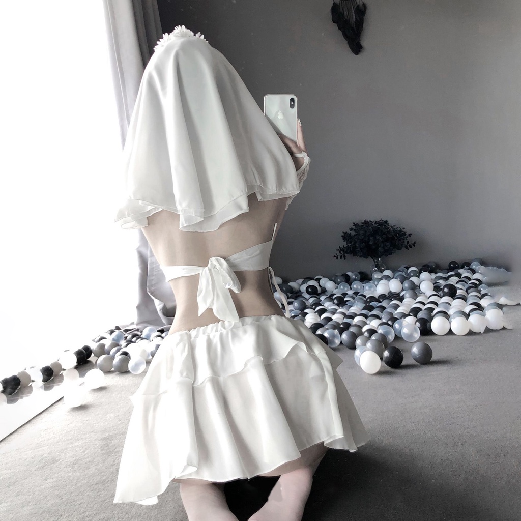 Đồ ngủ sexy đồ ngủ nữ cosplay cô dâu 1 sexy ren lưới hoa văn màu đen màu trắng freesize QUENQUEN store a2 | BigBuy360 - bigbuy360.vn