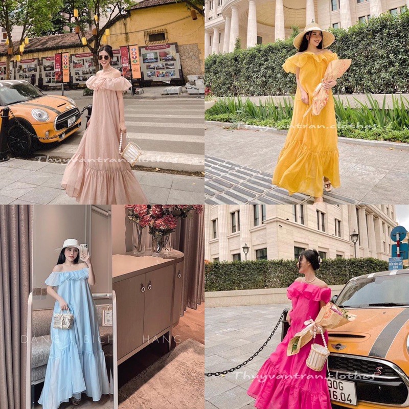 Đàm maxi von bèo trệt vai về 5 màu