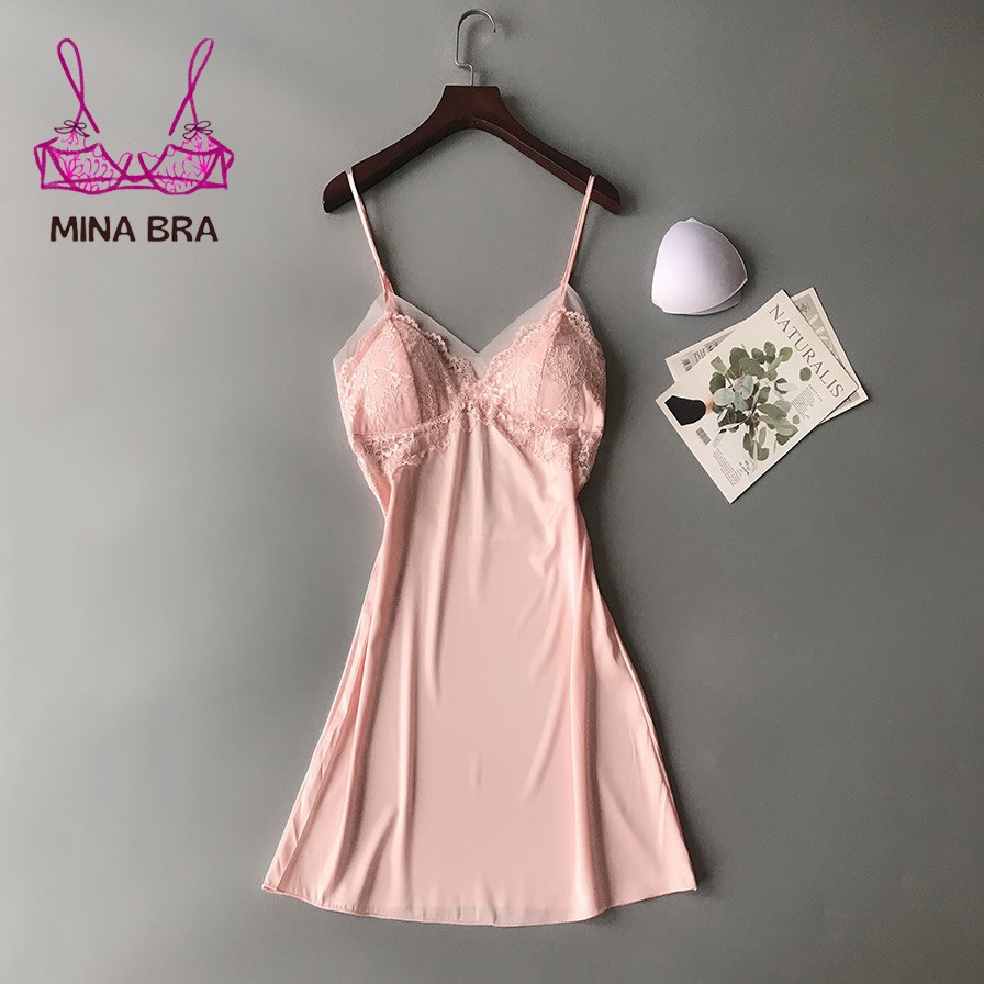 Váy Ngủ Hai Dây Cổ Chữ V Khoét Sau Gợi Cảm Thời Trang MINABRA Đầm Ngủ Phối Ren Ngực Có Đệm VN01 | BigBuy360 - bigbuy360.vn