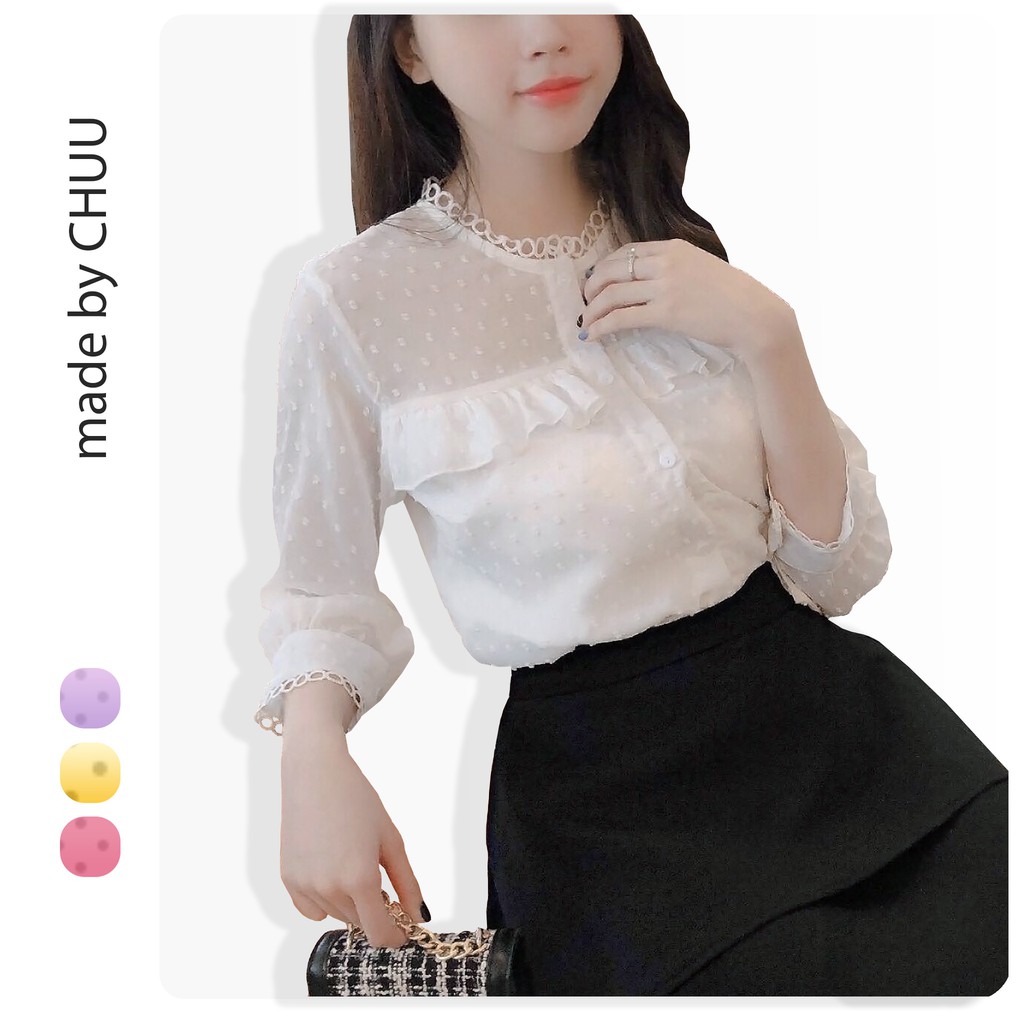 Áo sơ mi bông tuyết ren cổ tròn tay lỡ CHUU A3435
