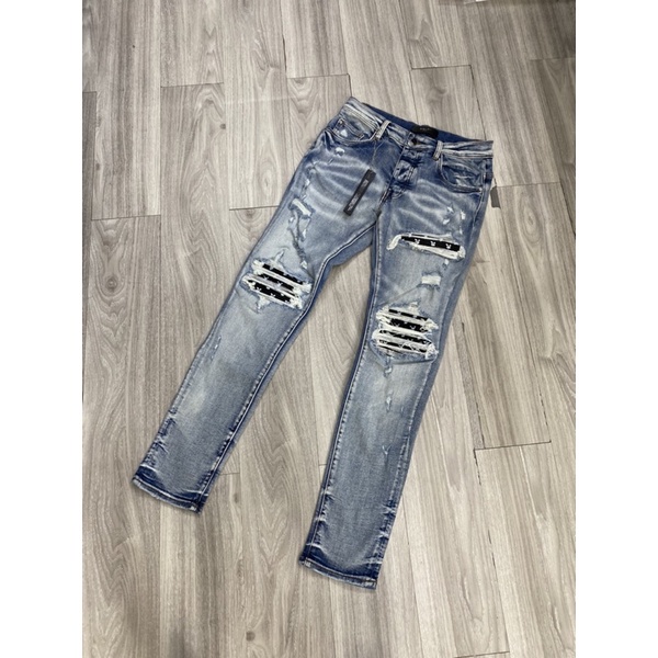 Quần bò amiri rách vá gối siêu chất mix da playboy 273-7825, quần jean nam rách gối vá da new sịn, Bin Store ⚡