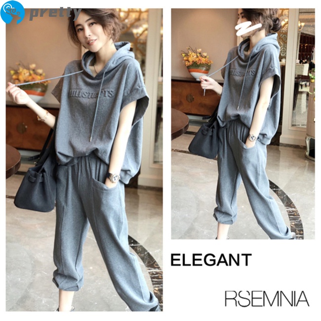 Set đồ thể thao 2 món gồm áo thun tay ngắn và quần dài có túi thời trang cho nữ