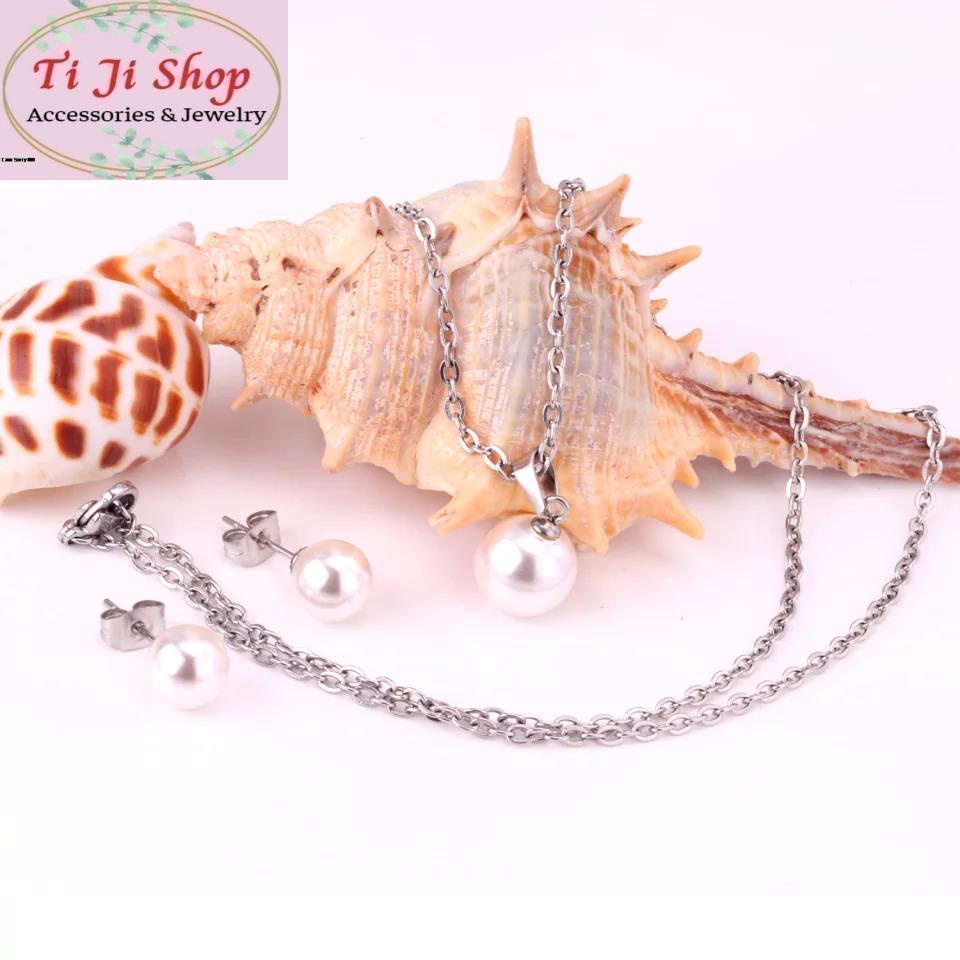 Combo Dây chuyền bông tai  inox ngọc trai nhân tạo