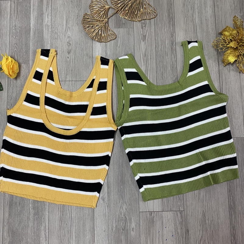 Áo len nữ ba lỗ croptop kẻ ngang 2 màu hàng Quảng Châu